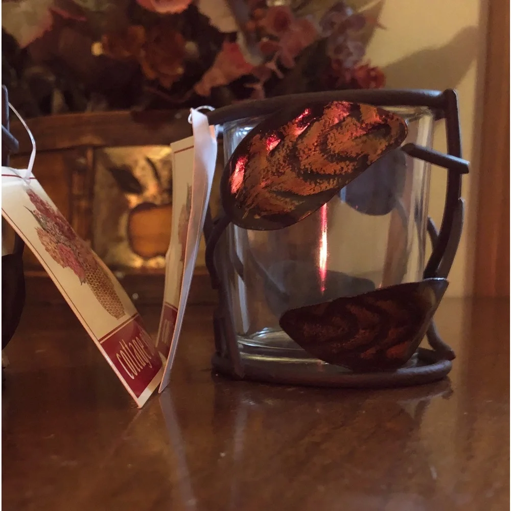 Set of 2 Copper Bronze Leaf Glass Votive Candle Holders Rustic Fall Decor